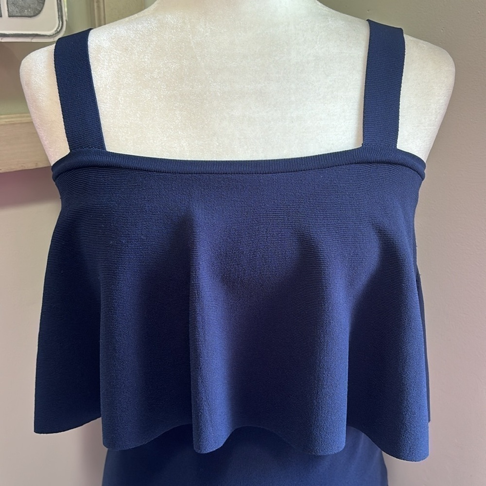 Milly Sleeveless Flounce Knit Sheath Dress Navy NWOT - Picture 5 of 10